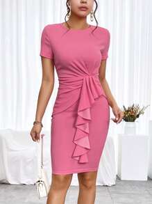 SHEIN Privé Đầm Xù Vắt màu trơn Thanh lịch - Hồng - Xem 3