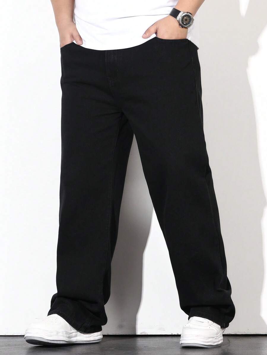 Manfinity Hypemode 男士棉斜口袋直筒牛仔褲 - 黑色 - 查看 1