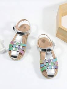 女孩編織細節金屬質感魔術貼設計派對踝帶平底涼鞋適用於戶外 - 彩色 - 查看 2