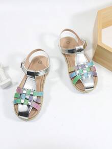 女孩編織細節金屬質感魔術貼設計派對踝帶平底涼鞋適用於戶外 - 彩色 - 查看 4