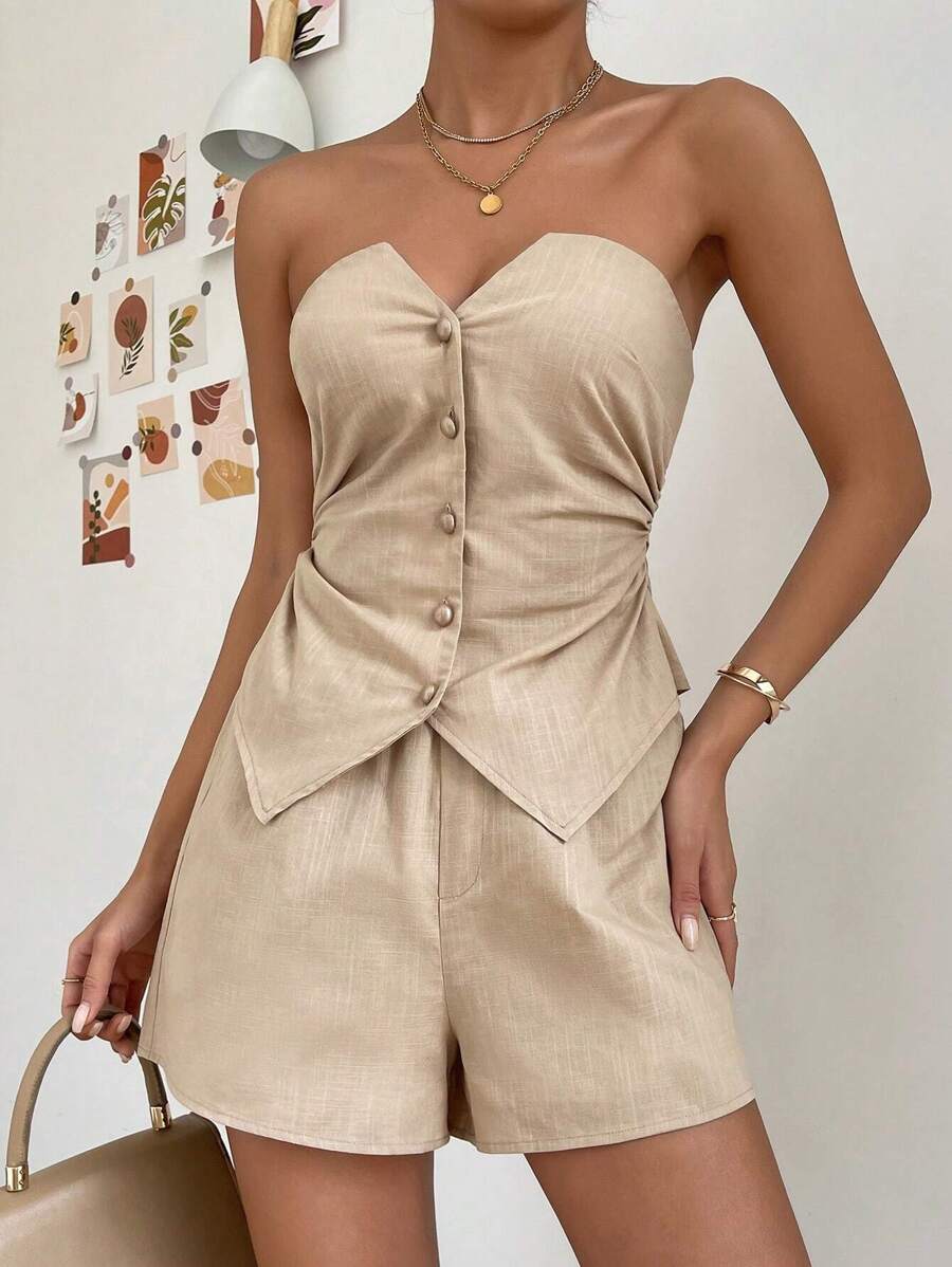 SHEIN Privé 前紐扣抹胸上衣和短褲 - 卡其色 - 查看 1