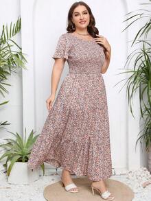 大碼碎花荷葉邊連衣裙 - 藕粉色 - 查看 3