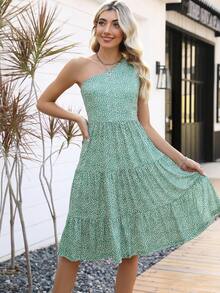 Allover Print One Shoulder Ruffle Hem Dress - Green - View 5
