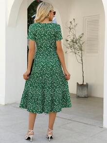 Women's Fall Midi Dress With Belted & Pockets,Green Floral Casual Summer Midi Dresses Perfect For Early Autumn Days - Dark Green - View 3
