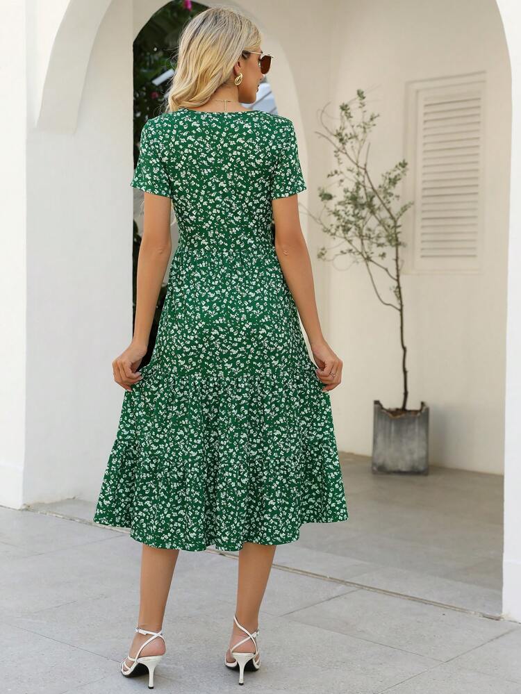 Women's Green Printed Mid-Length Dress With Pockets, Casual Summer Round Neck Short Sleeve Belted Dress, Easter Dress, Wedding Dress Elegant