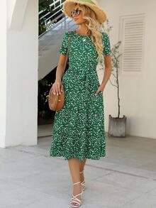 Women's Fall Midi Dress With Belted & Pockets,Green Floral Casual Summer Midi Dresses Perfect For Early Autumn Days - Dark Green - View 6