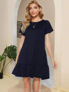 Slant Pocket Ruffle Hem Smock Dress - Navy Blue - View 6