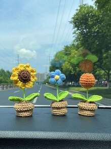 1入組人造盆栽，創意滌綸針織設計家居裝飾盆栽 - 棕色 - 查看 3