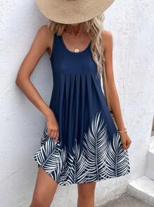 SHEIN VCAY Tropical Print Plicated Detail Tank Dress - Navy Blue - View 1
