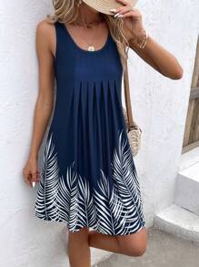 SHEIN VCAY Tropical Print Plicated Detail Tank Dress - Navy Blue - View 3