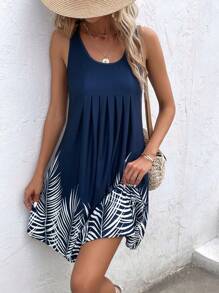 SHEIN VCAY Tropical Print Plicated Detail Tank Dress - Navy Blue - View 4