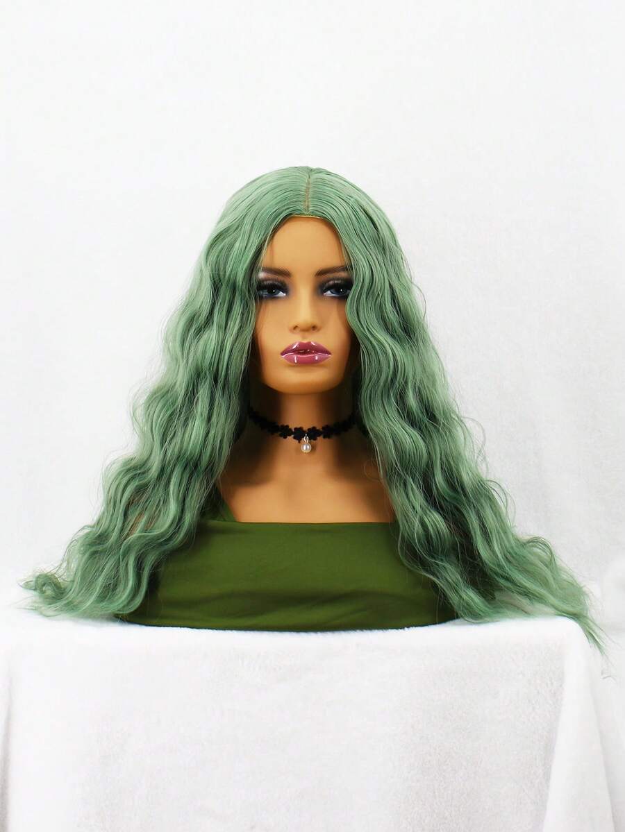 長款卷人造假髮 - 綠色 - 查看 1