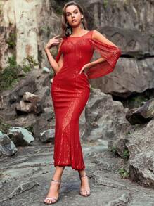 Giffniseti Contrast Mesh Mermaid Hem Sequin Formal Dress - Red - View 1