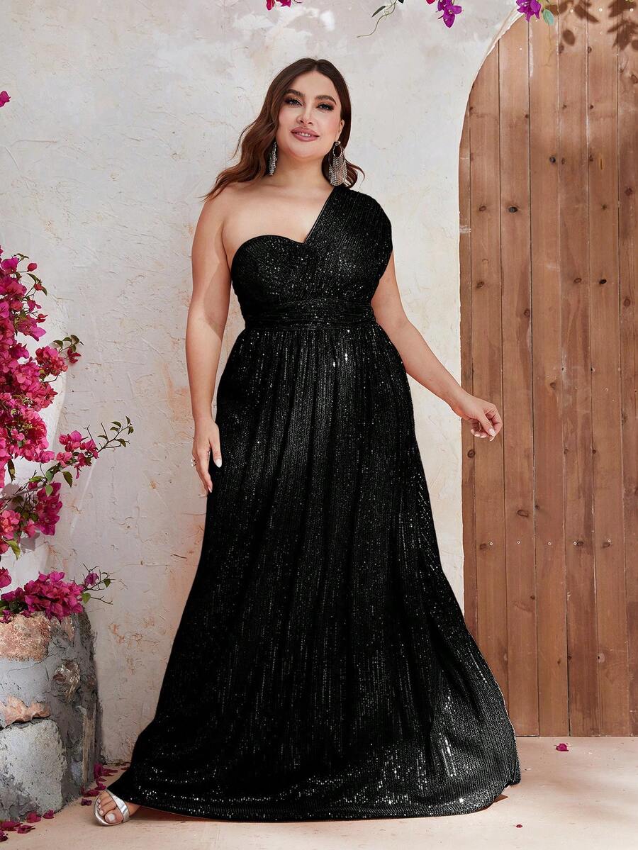 YISIKADO 大碼單肩亮片正式洋裝 - 黑色 - 查看 1