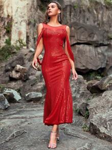 Giffniseti Contrast Mesh Mermaid Hem Sequin Formal Dress - Red - View 3
