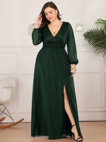 EVERPRETTY Plus Plunging Neck Split Thigh Bridesmaid Dress - Dark Green - View 5