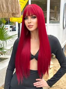 Peruca Sintética Fabulosa de Festival de Música de Férias, Vinho Tinto, Cabelo Liso Reto com Franja de 26 Polegadas, Luz Vermelha, Para Meninas e Mulheres, Uso Diário, Festa, Férias, Feriados, Natural, Sexy, Romântica, Elegante, Glamorosa, Natural, Casual, Simples, Halloween, Natal, Presente, Cosplay, Resistente ao Calor