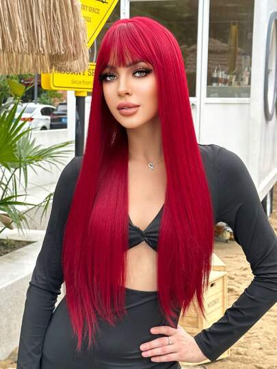 Fabulous Wine Red Hair Music Festival Holiday Wigs Stunning Sexy Light Red 26inch Long Straight Hair With Bangs Synthetic Wigs For Girls Women Daily Use Party Vacation Holiday Natural Sexy Romantic Elegant Glamorous Natural Casual Simple Halloween Christmas Present Cosplay Heat Resistant Wig