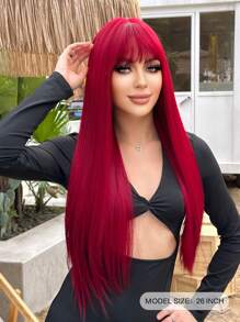 Peruca Sintética Fabulosa de Festival de Música de Férias, Vinho Tinto, Cabelo Liso Reto com Franja de 26 Polegadas, Luz Vermelha, Para Meninas e Mulheres, Uso Diário, Festa, Férias, Feriados, Natural, Sexy, Romântica, Elegante, Glamorosa, Natural, Casual, Simples, Halloween, Natal, Presente, Cosplay, Resistente ao Calor