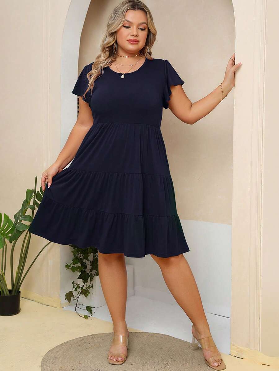 大碼素色荷葉邊連衣裙 - 藏蓝色 - 查看 1