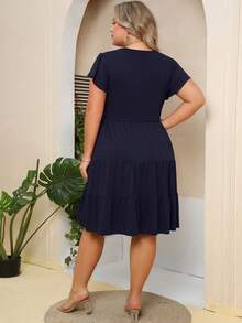 大碼素色荷葉邊連衣裙 - 藏蓝色 - 查看 2