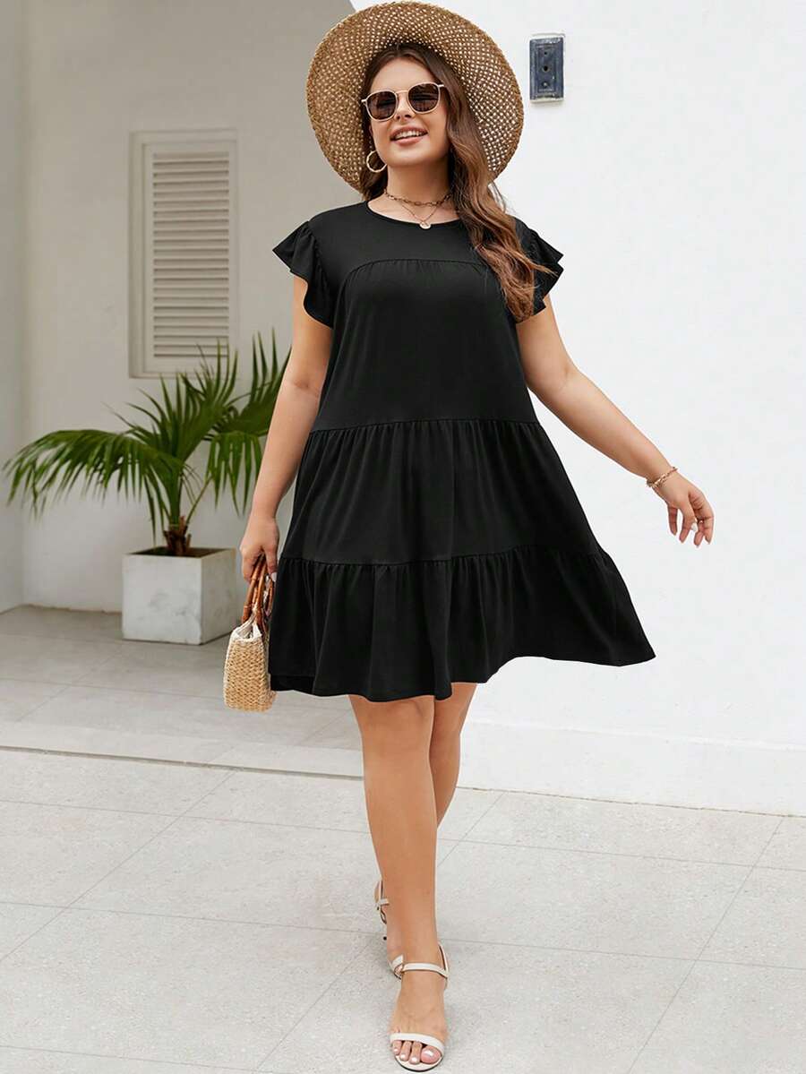 Plus Solid Ruffle Hem Smock Dress - Black - View 1