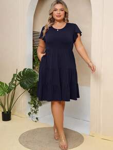 大碼素色荷葉邊連衣裙 - 藏蓝色 - 查看 6