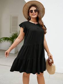 Plus Solid Ruffle Hem Smock Dress - Black - View 4