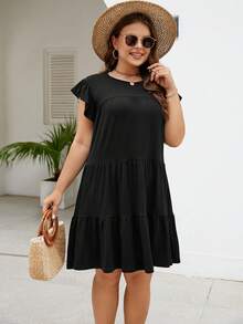 Plus Solid Ruffle Hem Smock Dress - Black - View 6
