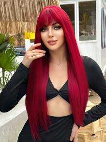 Peruca Sintética Fabulosa de Festival de Música de Férias, Vinho Tinto, Cabelo Liso Reto com Franja de 26 Polegadas, Luz Vermelha, Para Meninas e Mulheres, Uso Diário, Festa, Férias, Feriados, Natural, Sexy, Romântica, Elegante, Glamorosa, Natural, Casual, Simples, Halloween, Natal, Presente, Cosplay, Resistente ao Calor