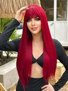 Peruca Sintética Fabulosa de Festival de Música de Férias, Vinho Tinto, Cabelo Liso Reto com Franja de 26 Polegadas, Luz Vermelha, Para Meninas e Mulheres, Uso Diário, Festa, Férias, Feriados, Natural, Sexy, Romântica, Elegante, Glamorosa, Natural, Casual, Simples, Halloween, Natal, Presente, Cosplay, Resistente ao Calor