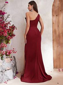 YISIKADO 单肩不对称领口垂褶长裙开叉大腿晚礼服女士婚礼舞会派对礼服 - 酒紅色 - 查看 2