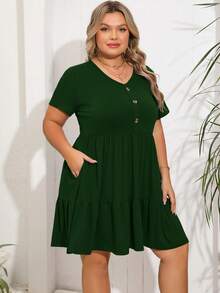 大碼前紐扣荷葉邊連衣裙 - 墨綠色 - 查看 5
