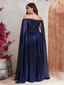 YISIKADO Đầm Plus Size Tương phản Mesh ghép mộng kim sa Dây kéo màu trơn Buổi tiệc - Màu xanh hải quân - Xem 2