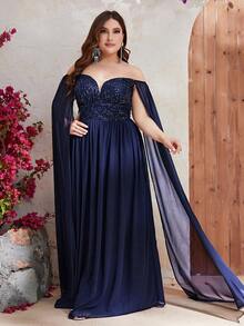 YISIKADO Đầm Plus Size Tương phản Mesh ghép mộng kim sa Dây kéo màu trơn Buổi tiệc - Màu xanh hải quân - Xem 4