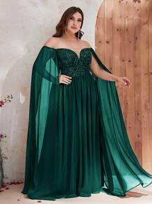 YISIKADO Plus Off Shoulder Contrast Sequin Chiffon Formal Dress - Dark Green - View 1