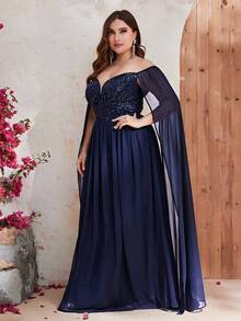 YISIKADO Đầm Plus Size Tương phản Mesh ghép mộng kim sa Dây kéo màu trơn Buổi tiệc - Màu xanh hải quân - Xem 7