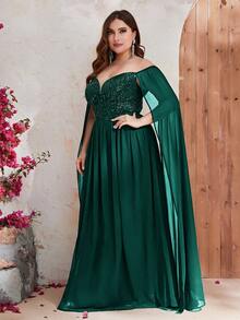 YISIKADO Plus Off Shoulder Contrast Sequin Chiffon Formal Dress - Dark Green - View 5