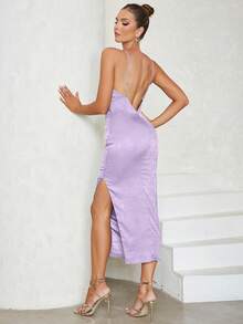 提花露背高衩吊帶連衣裙 - 紫色 - 查看 2