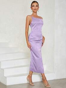 提花露背高衩吊帶連衣裙 - 紫色 - 查看 3