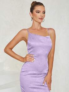 提花露背高衩吊帶連衣裙 - 紫色 - 查看 4