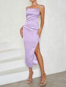 提花露背高衩吊帶連衣裙 - 紫色 - 查看 5