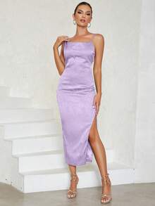 提花露背高衩吊帶連衣裙 - 紫色 - 查看 6