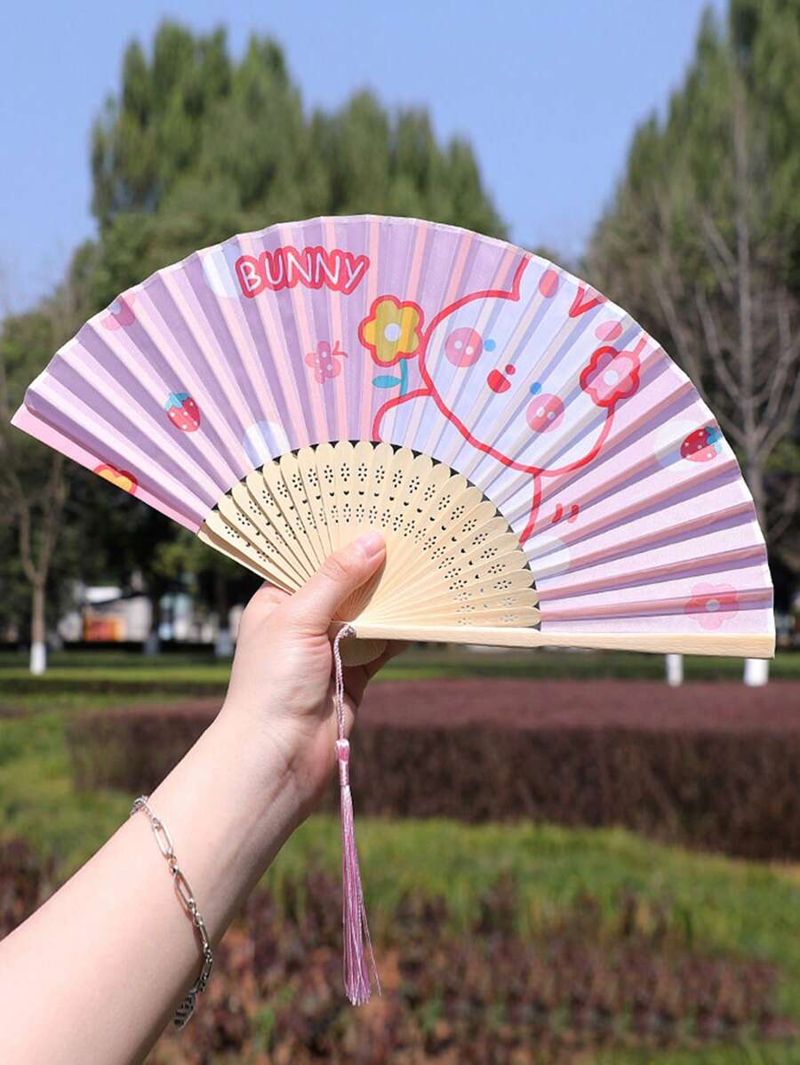 1 pieza Abanico plegable de bambú manual dulce con estampado de conejo y letra para casa - Multicolor - Ver 1