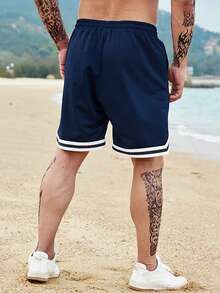 Aesthetic Post--Men Plus Letter Graphic Striped Trim Drawstring Waist Shorts - Navy Blue - View 3