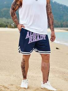 Aesthetic Post--Men Plus Letter Graphic Striped Trim Drawstring Waist Shorts - Navy Blue - View 1