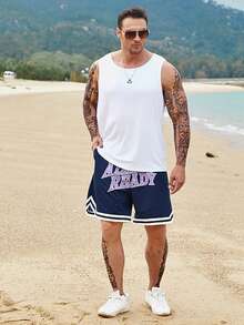 Aesthetic Post--Men Plus Letter Graphic Striped Trim Drawstring Waist Shorts - Navy Blue - View 6