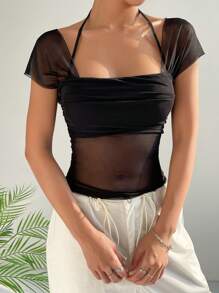 SHEIN EZwear 素色褶邊網紗上衣 - 黑色 - 查看 5