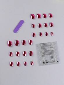 24 piezas de uñas postizas para niños de 6 a 12 años, cubierta completa reutilizable, prepegamento, diseño de espejo y metalizado rojo rosa ovalado corto para niños - Rosa Fucsia - Ver 2