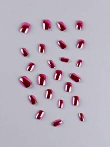 24 piezas de uñas postizas para niños de 6 a 12 años, cubierta completa reutilizable, prepegamento, diseño de espejo y metalizado rojo rosa ovalado corto para niños - Rosa Fucsia - Ver 4